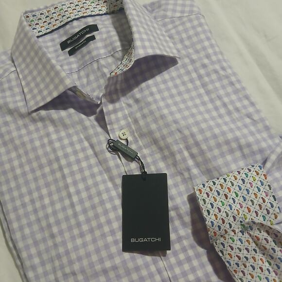NWT Bugatchi XL men's Shaped Fit lavender check 100% cotton flip cuff long-slv - Picture 16 of 16